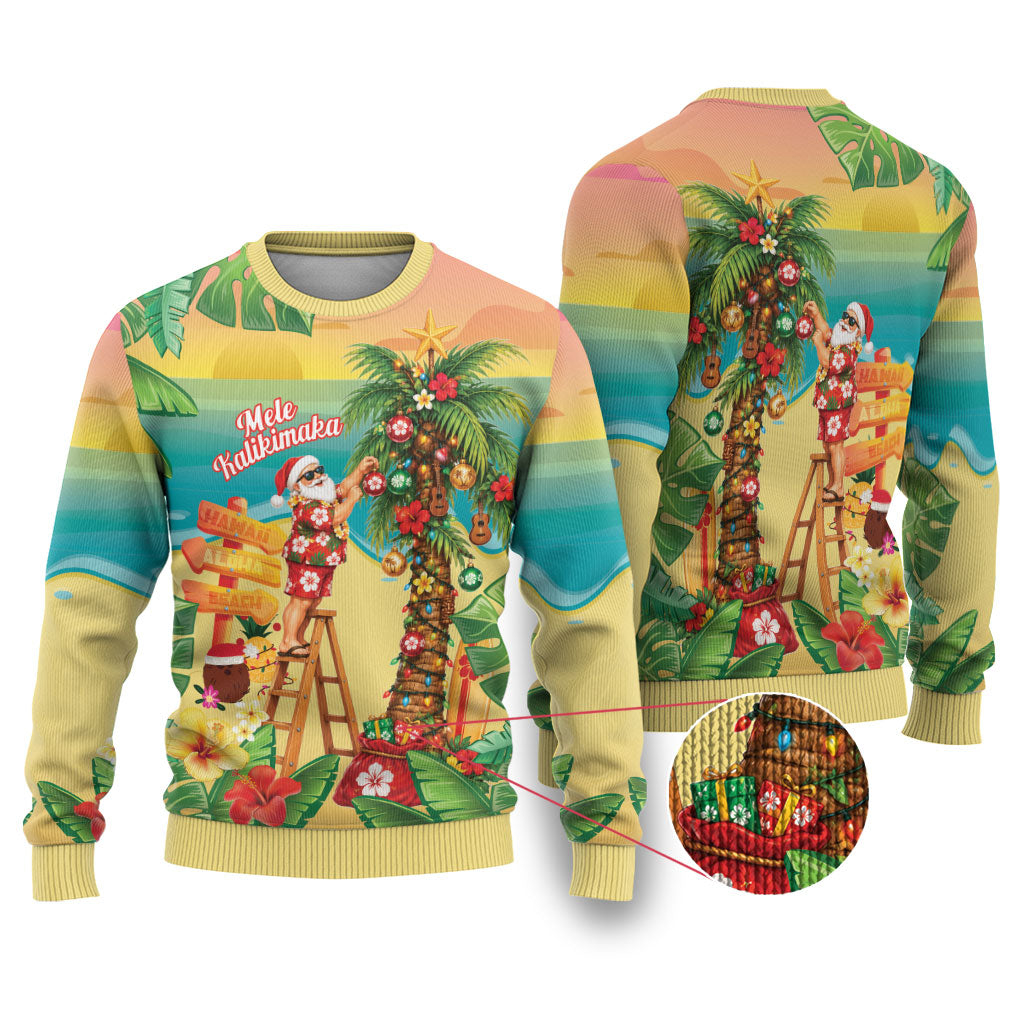 Hawaii Christmas Mele Kalikimaka Ugly Christmas Sweater Santa Decorating Xmas Palm Tree Tropical Vibes LT14 Multicolor - Polynesian Pride