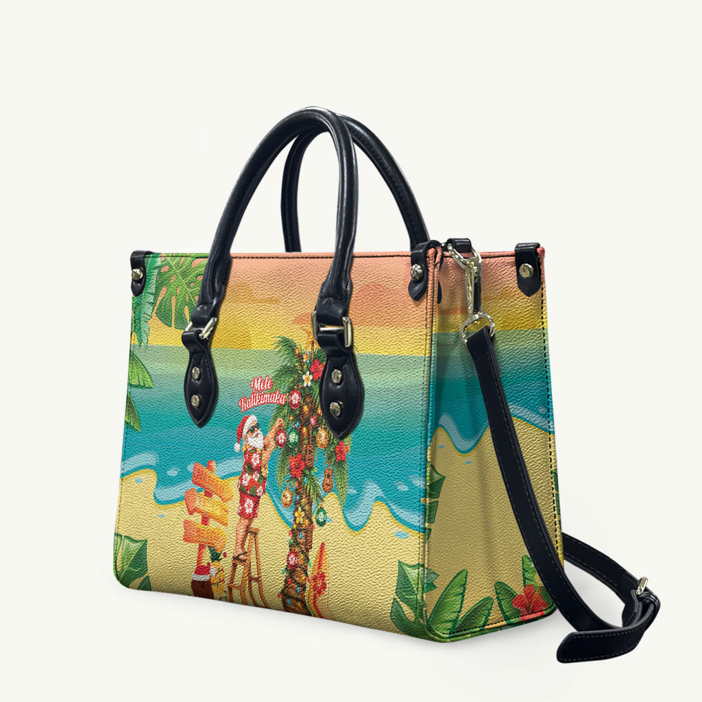 Hawaii Christmas Mele Kalikimaka Leather Bag Santa Decorating Xmas Palm Tree Tropical Vibes LT14 Multicolor - Polynesian Pride