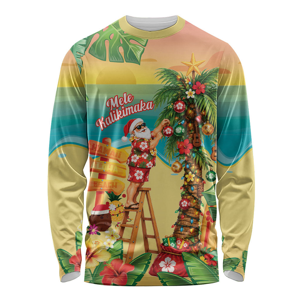 Hawaii Christmas Mele Kalikimaka Long Sleeve Shirt Santa Decorating Xmas Palm Tree Tropical Vibes LT14 Unisex Multicolor - Polynesian Pride