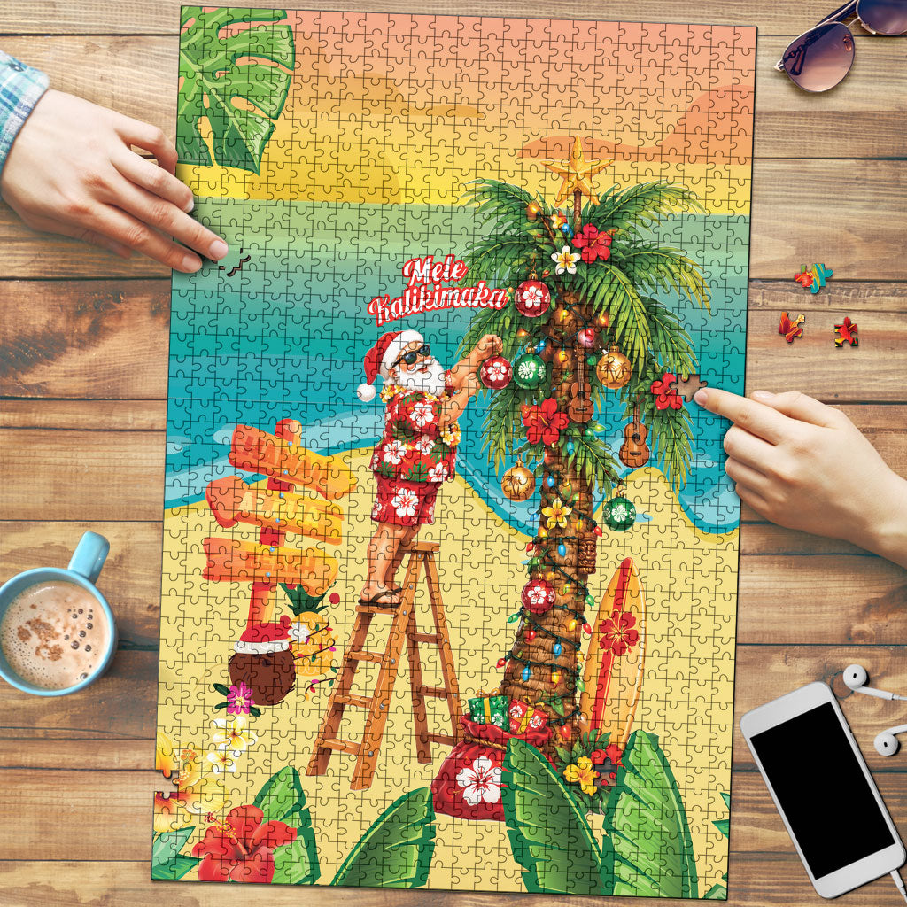 Hawaii Christmas Mele Kalikimaka Puzzle Santa Decorating Xmas Palm Tree Tropical Vibes LT14 Multicolor - Polynesian Pride