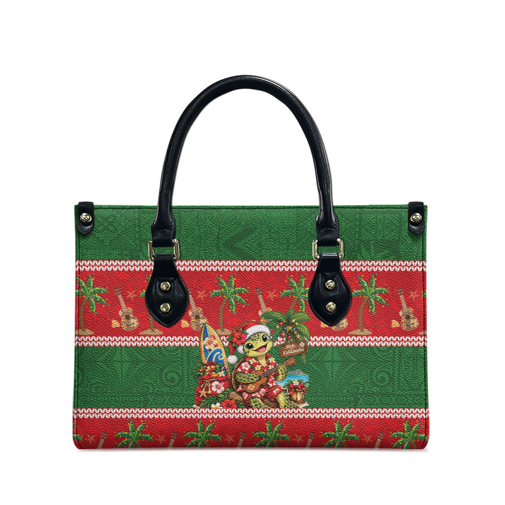 Hawaii Christmas Mele Kalikimaka Leather Bag Aloha Turtle Santa With Ukulele LT14 - Polynesian Pride