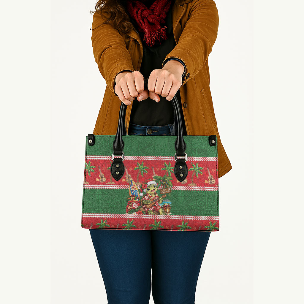 Hawaii Christmas Mele Kalikimaka Leather Bag Aloha Turtle Santa With Ukulele LT14 - Polynesian Pride
