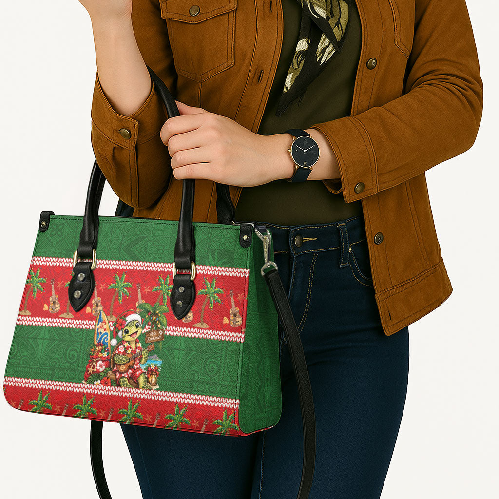Hawaii Christmas Mele Kalikimaka Leather Bag Aloha Turtle Santa With Ukulele LT14 - Polynesian Pride
