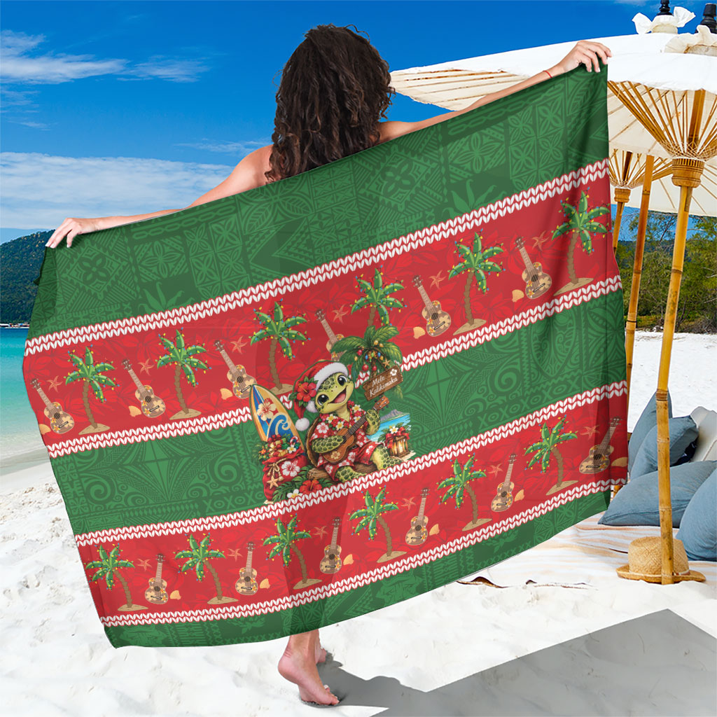 Hawaii Christmas Mele Kalikimaka Sarong Aloha Turtle Santa With Ukulele LT14 One Size 44 x 66 inches Red - Polynesian Pride
