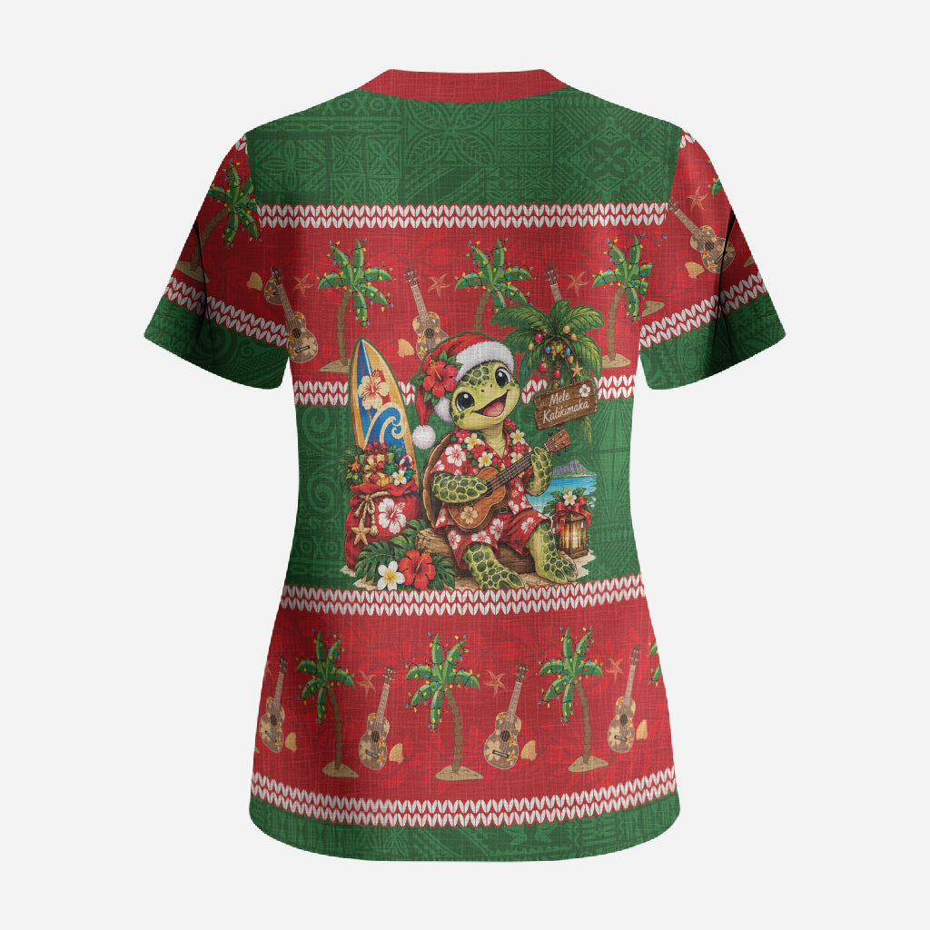 Hawaii Christmas Mele Kalikimaka Scrub Top Aloha Turtle Santa With Ukulele LT14 - Polynesian Pride