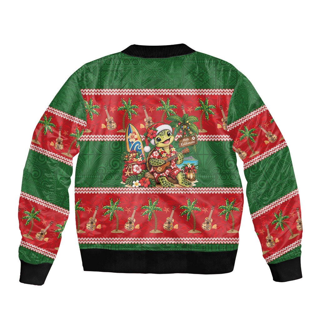 Hawaii Christmas Mele Kalikimaka Sleeve Zip Bomber Jacket Aloha Turtle Santa With Ukulele LT14 - Polynesian Pride