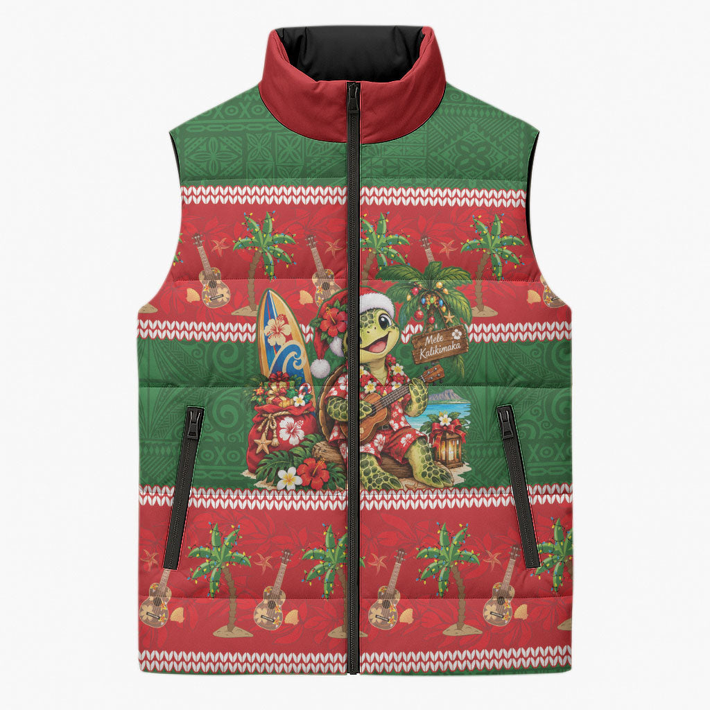 Hawaii Christmas Mele Kalikimaka Sleeveless Puffer Jacket Aloha Turtle Santa With Ukulele LT14 Unisex Red - Polynesian Pride