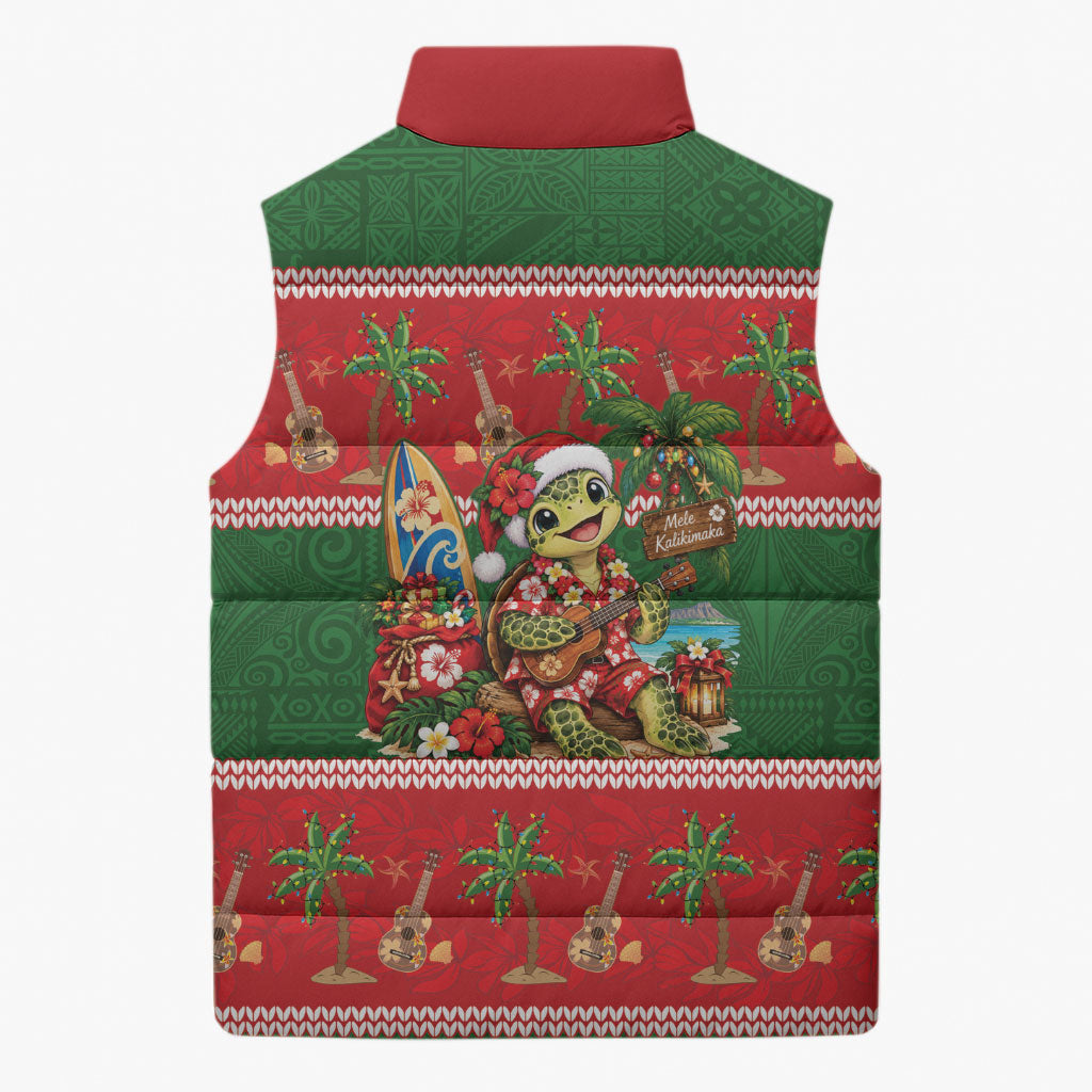 Hawaii Christmas Mele Kalikimaka Sleeveless Puffer Jacket Aloha Turtle Santa With Ukulele LT14 - Polynesian Pride