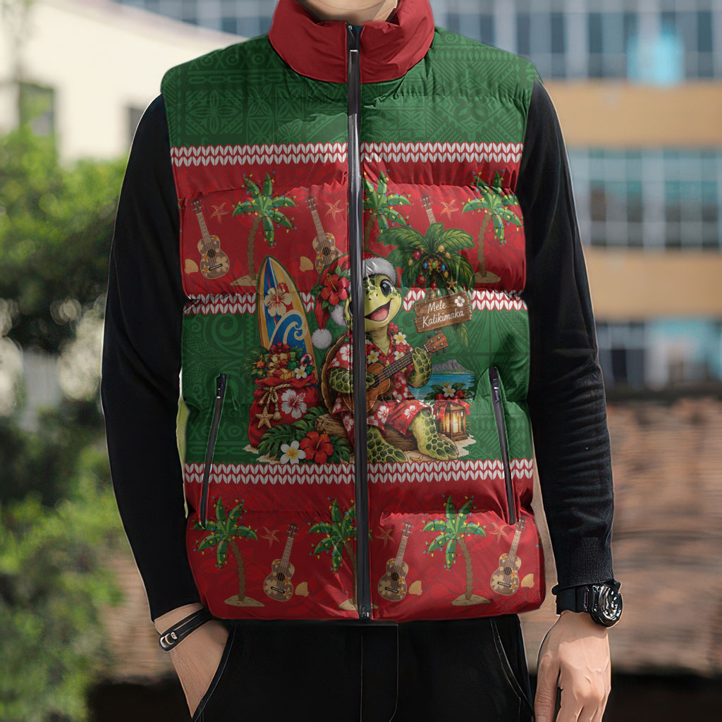 Hawaii Christmas Mele Kalikimaka Sleeveless Puffer Jacket Aloha Turtle Santa With Ukulele LT14 - Polynesian Pride