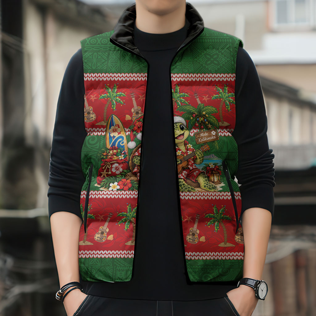 Hawaii Christmas Mele Kalikimaka Sleeveless Puffer Jacket Aloha Turtle Santa With Ukulele LT14 - Polynesian Pride