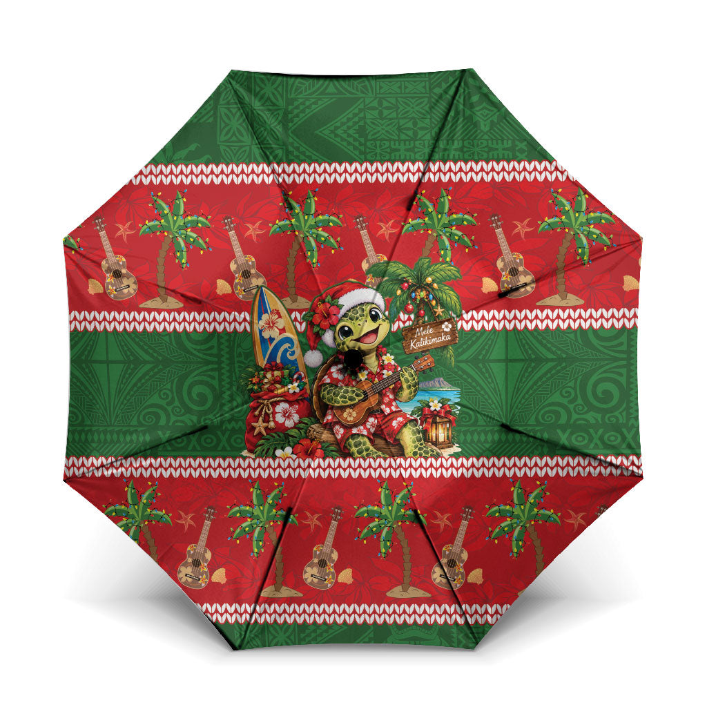 Hawaii Christmas Mele Kalikimaka Umbrella Aloha Turtle Santa With Ukulele LT14 One Size Folded 11.42 inch Opened Diameter 37.4 inch Red - Polynesian Pride