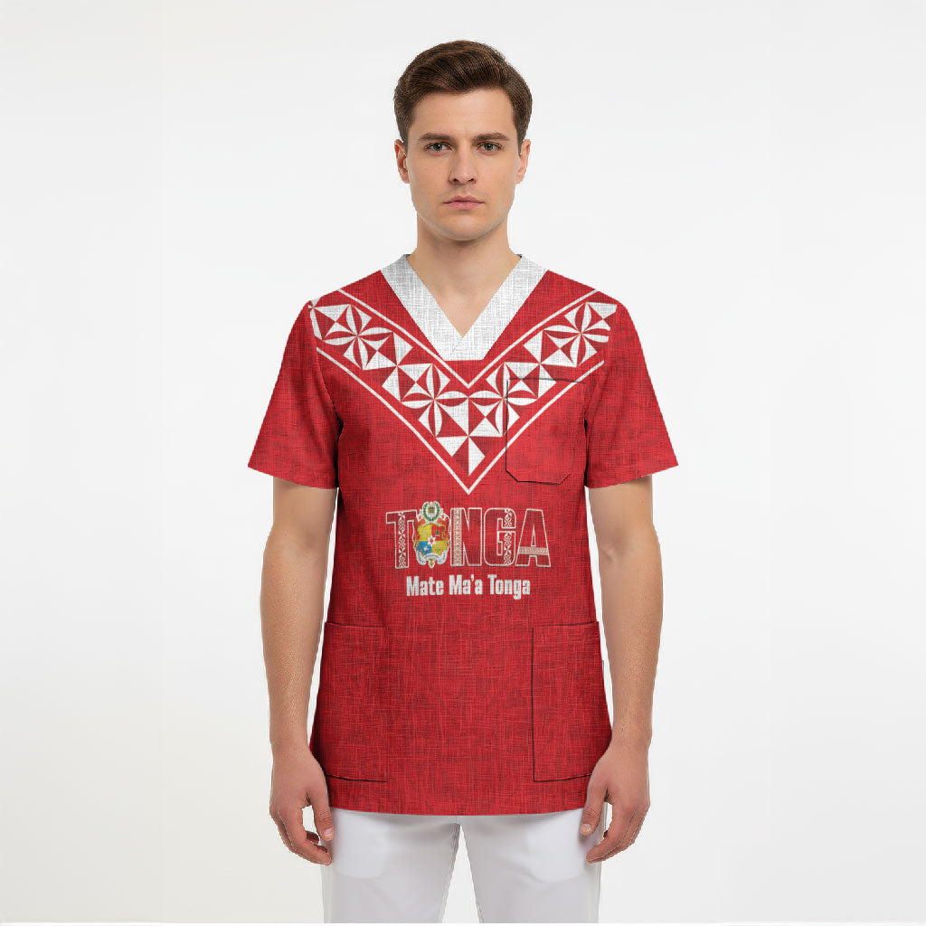 Mate Maa Tonga Rugby Custom Scrub Top 2026 Tongan Ngatu Pattern Red LT14 - Polynesian Pride