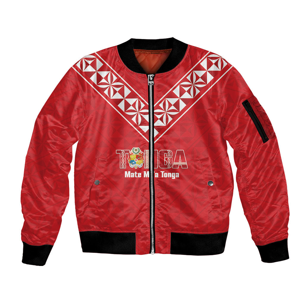 Mate Maa Tonga Rugby Custom Sleeve Zip Bomber Jacket 2026 Tongan Ngatu Pattern Red LT14 Unisex Red - Polynesian Pride