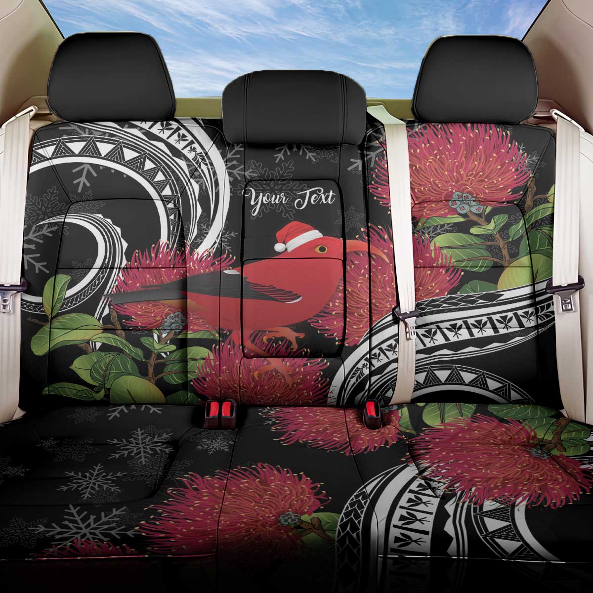 Personalized Mele Kalikimaka Hawaii Back Car Seat Cover I'iwi Bird With Ohia Lehua - Black Color