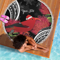 Personalized Mele Kalikimaka Hawaii Beach Blanket I'iwi Bird With Ohia Lehua - Black Color
