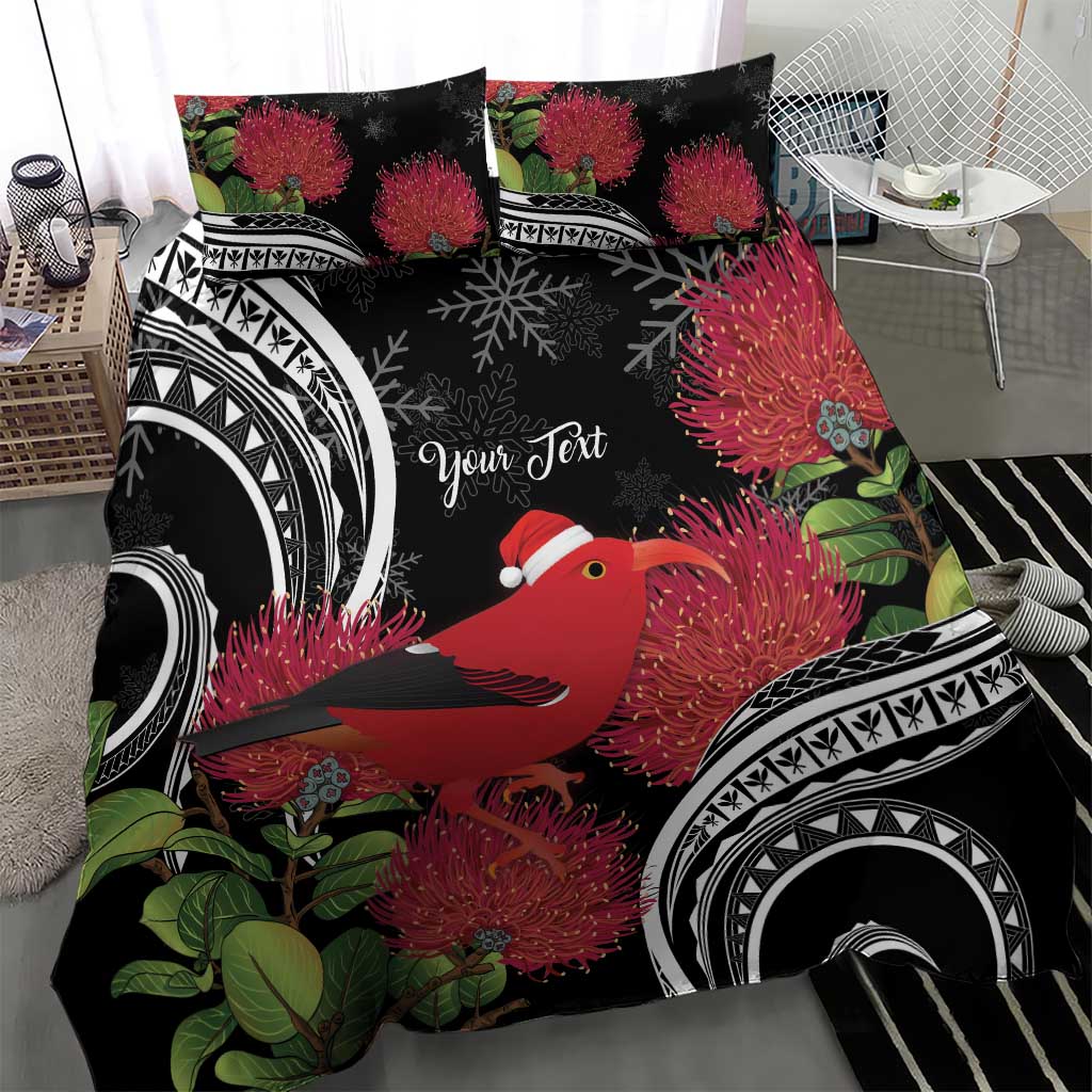 Personalized Mele Kalikimaka Hawaii Bedding Set I'iwi Bird With Ohia Lehua - Black Color