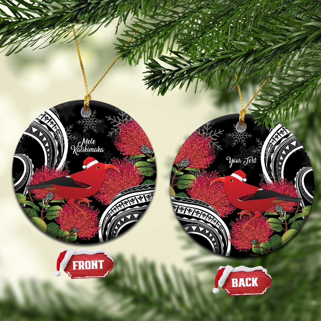 Personalized Mele Kalikimaka Hawaii Ceramic Ornament I'iwi Bird With Ohia Lehua - Black Color