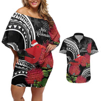 Personalized Mele Kalikimaka Hawaii Couples Matching Off Shoulder Short Dress and Hawaiian Shirt I'iwi Bird With Ohia Lehua - Black Color