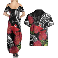 Personalized Mele Kalikimaka Hawaii Couples Matching Summer Maxi Dress and Hawaiian Shirt I'iwi Bird With Ohia Lehua - Black Color