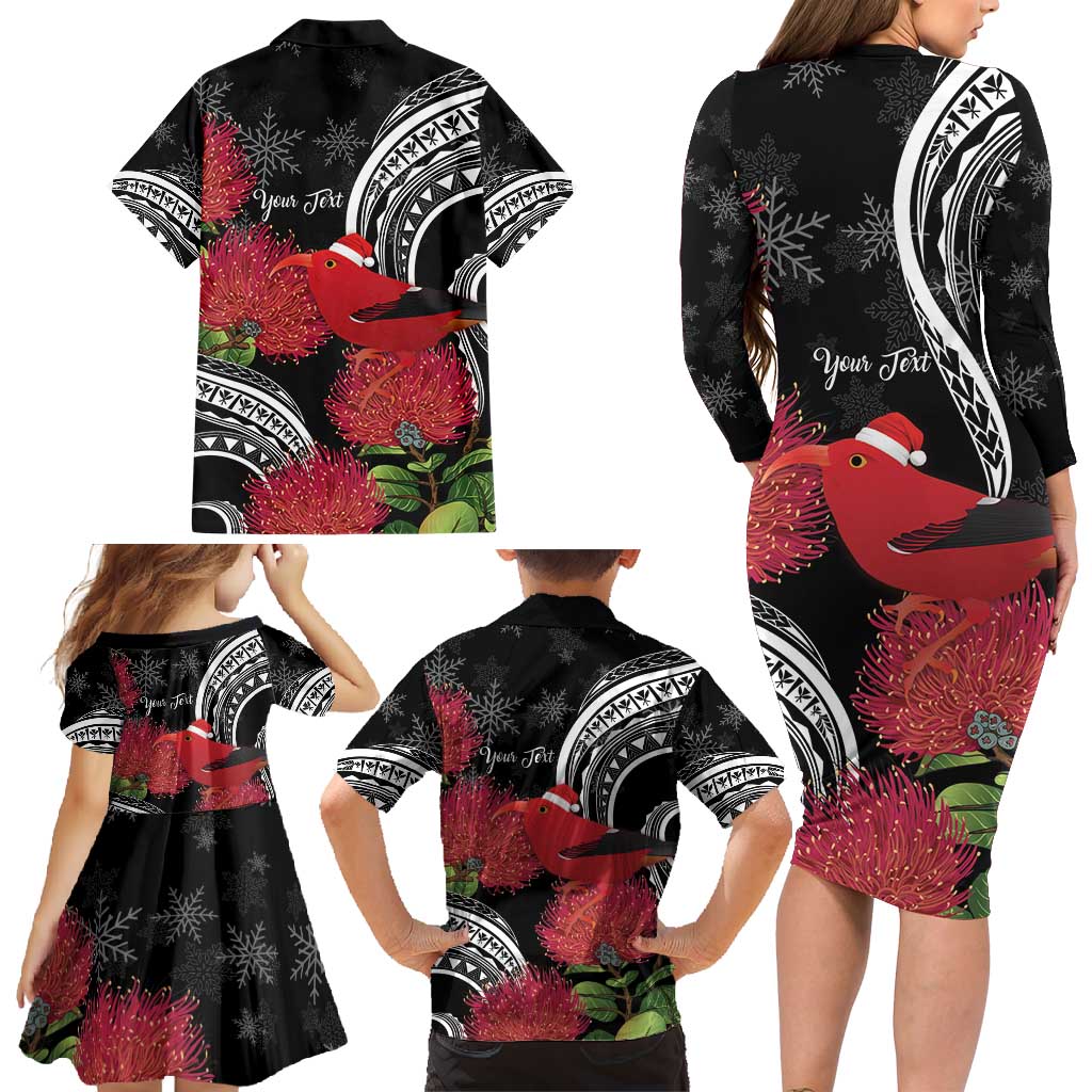 Personalized Mele Kalikimaka Hawaii Family Matching Long Sleeve Bodycon Dress and Hawaiian Shirt I'iwi Bird With Ohia Lehua - Black Color LT14 - Polynesian Pride