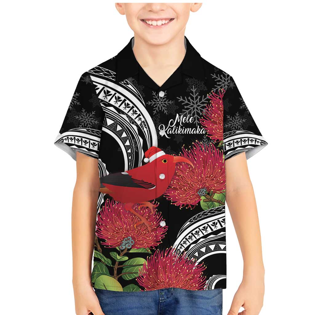 Personalized Mele Kalikimaka Hawaii Family Matching Mermaid Dress and Hawaiian Shirt I'iwi Bird With Ohia Lehua - Black Color LT14 Son's Shirt Black - Polynesian Pride