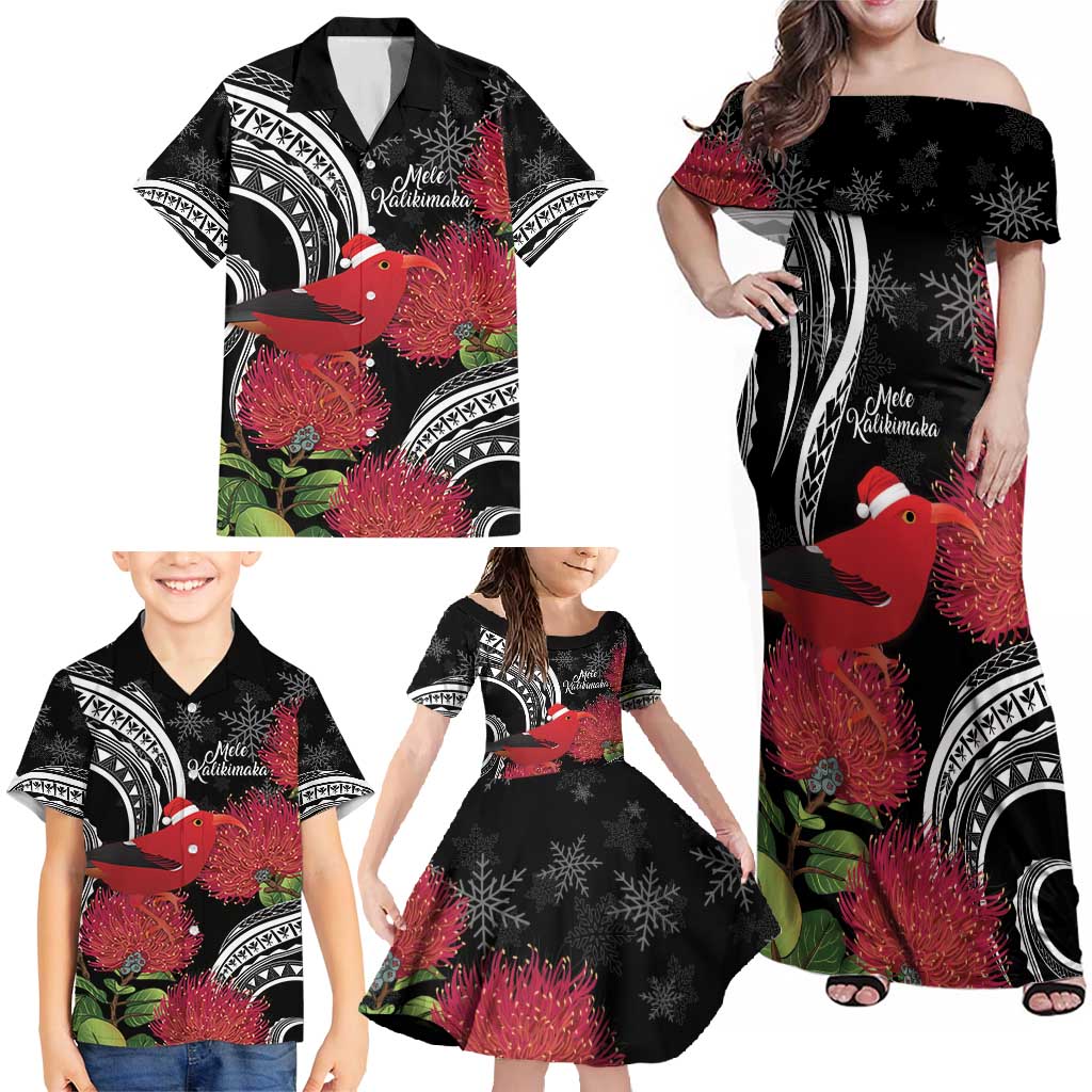 Personalized Mele Kalikimaka Hawaii Family Matching Off Shoulder Maxi Dress and Hawaiian Shirt I'iwi Bird With Ohia Lehua - Black Color LT14 - Polynesian Pride
