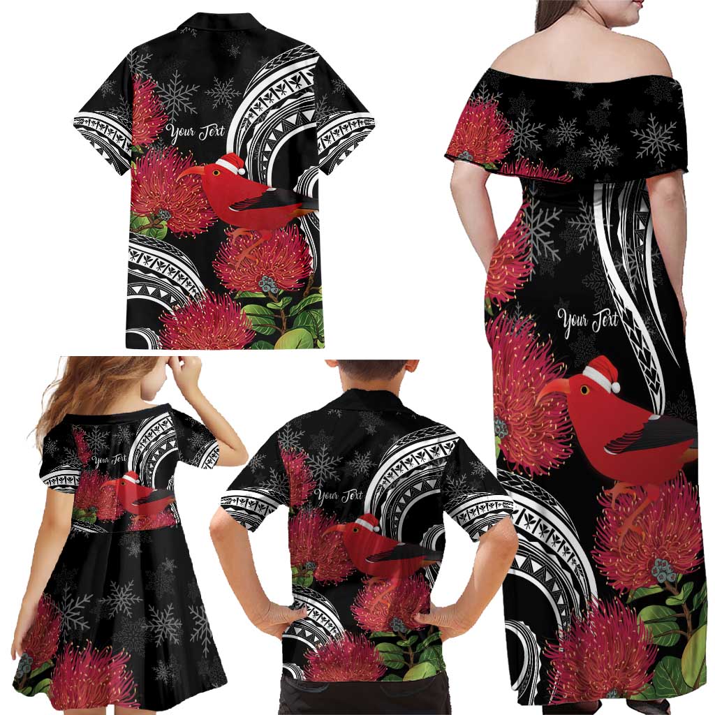 Personalized Mele Kalikimaka Hawaii Family Matching Off Shoulder Maxi Dress and Hawaiian Shirt I'iwi Bird With Ohia Lehua - Black Color LT14 - Polynesian Pride