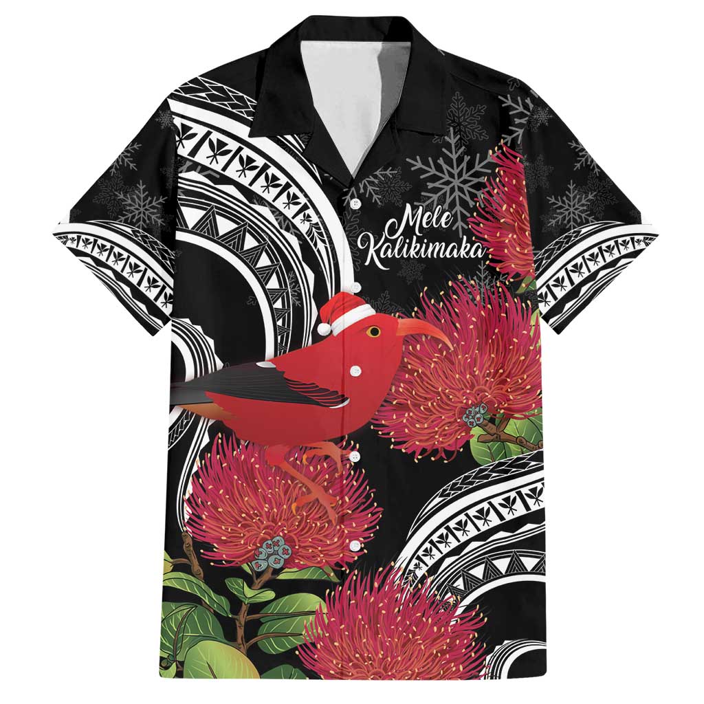 Personalized Mele Kalikimaka Hawaii Family Matching Off Shoulder Maxi Dress and Hawaiian Shirt I'iwi Bird With Ohia Lehua - Black Color LT14 Dad's Shirt - Short Sleeve Black - Polynesian Pride