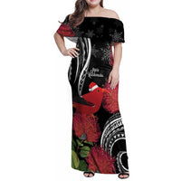 Personalized Mele Kalikimaka Hawaii Family Matching Off Shoulder Maxi Dress and Hawaiian Shirt I'iwi Bird With Ohia Lehua - Black Color LT14 Mom's Dress Black - Polynesian Pride