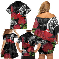 Personalized Mele Kalikimaka Hawaii Family Matching Off Shoulder Short Dress and Hawaiian Shirt I'iwi Bird With Ohia Lehua - Black Color LT14 - Polynesian Pride