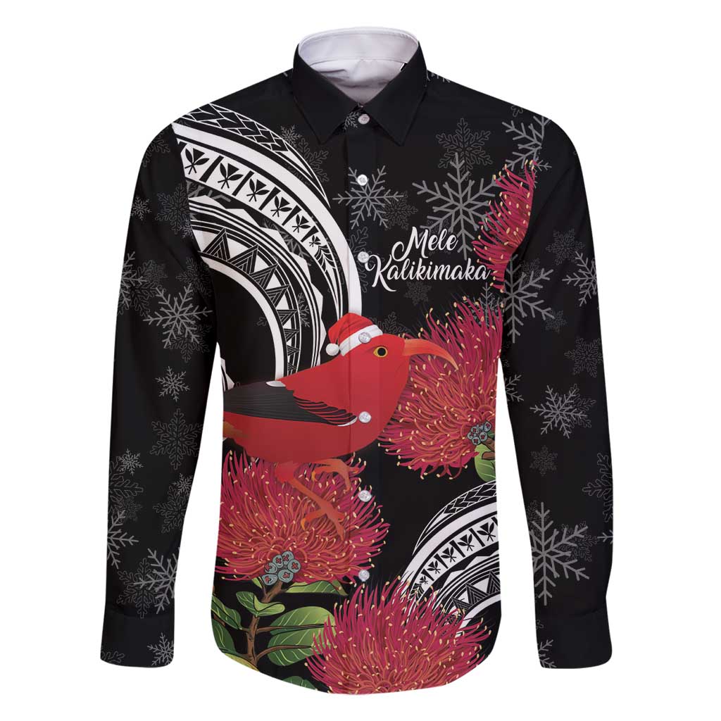 Personalized Mele Kalikimaka Hawaii Family Matching Off Shoulder Short Dress and Hawaiian Shirt I'iwi Bird With Ohia Lehua - Black Color LT14 Dad's Shirt - Long Sleeve Black - Polynesian Pride