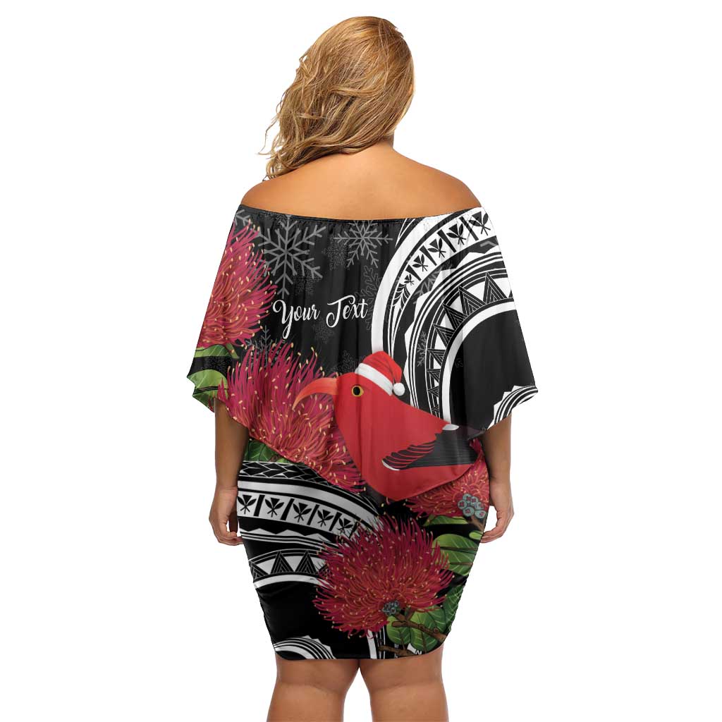 Personalized Mele Kalikimaka Hawaii Family Matching Off Shoulder Short Dress and Hawaiian Shirt I'iwi Bird With Ohia Lehua - Black Color LT14 - Polynesian Pride