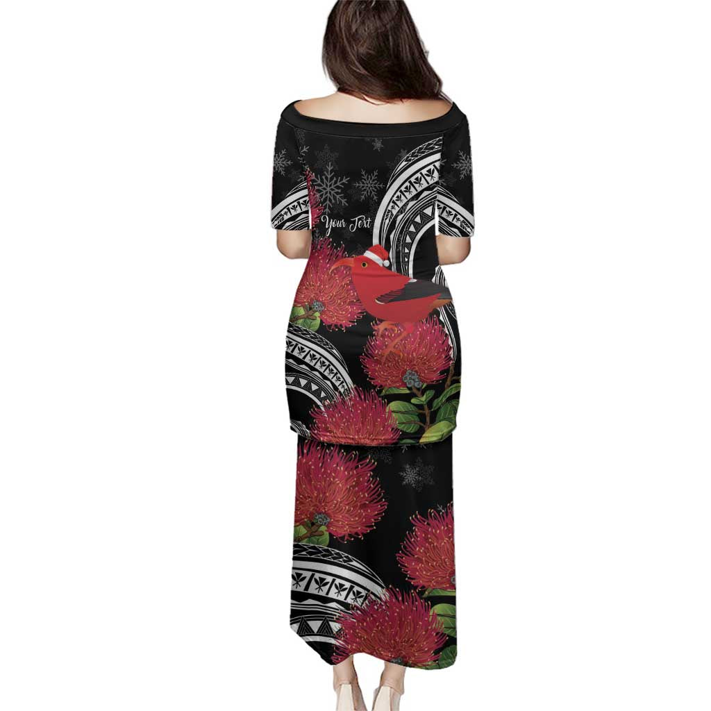 Personalized Mele Kalikimaka Hawaii Family Matching Puletasi and Hawaiian Shirt I'iwi Bird With Ohia Lehua - Black Color