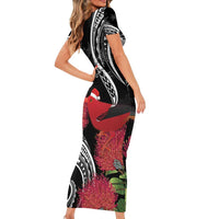 Personalized Mele Kalikimaka Hawaii Family Matching Short Sleeve Bodycon Dress and Hawaiian Shirt I'iwi Bird With Ohia Lehua - Black Color LT14 - Polynesian Pride