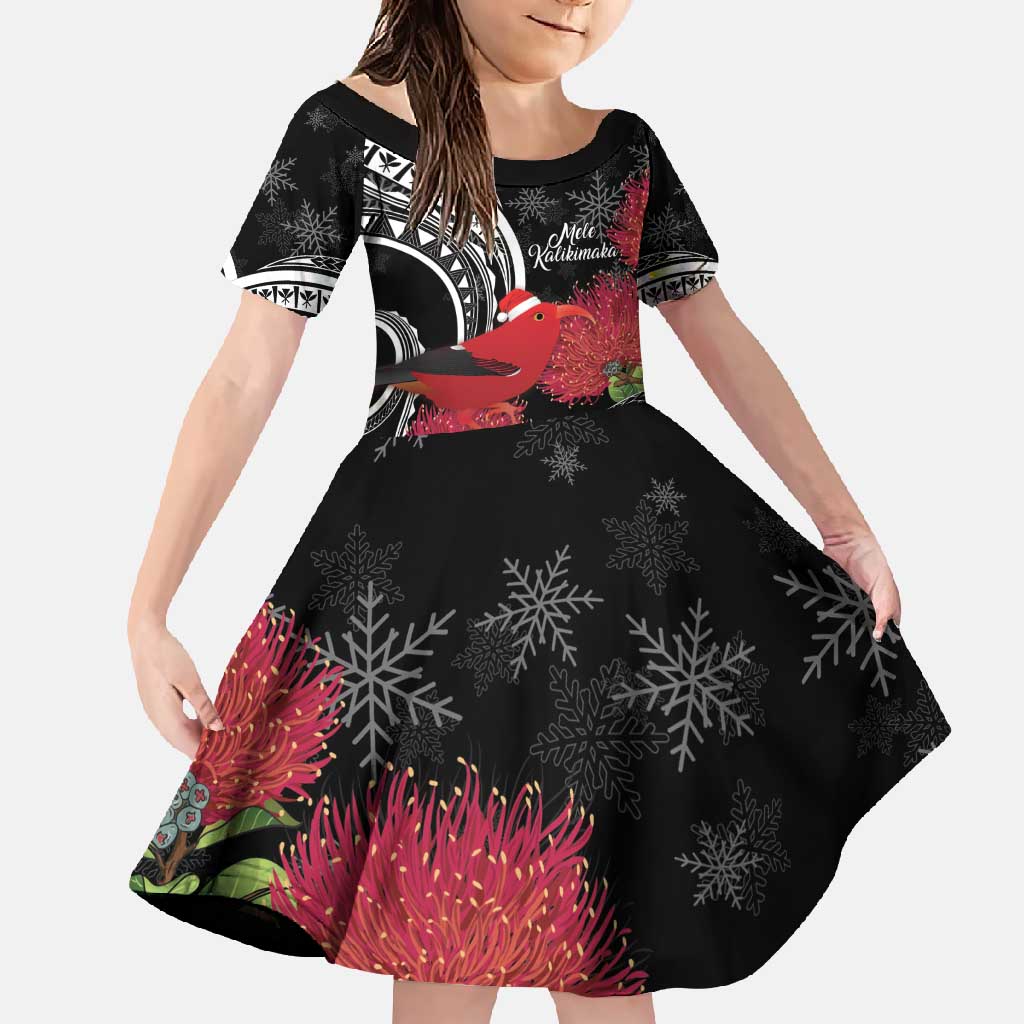 Personalized Mele Kalikimaka Hawaii Family Matching Summer Maxi Dress and Hawaiian Shirt I'iwi Bird With Ohia Lehua - Black Color LT14 Daughter's Dress Black - Polynesian Pride