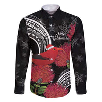 Personalized Mele Kalikimaka Hawaii Family Matching Tank Maxi Dress and Hawaiian Shirt I'iwi Bird With Ohia Lehua - Black Color LT14 Dad's Shirt - Long Sleeve Black - Polynesian Pride