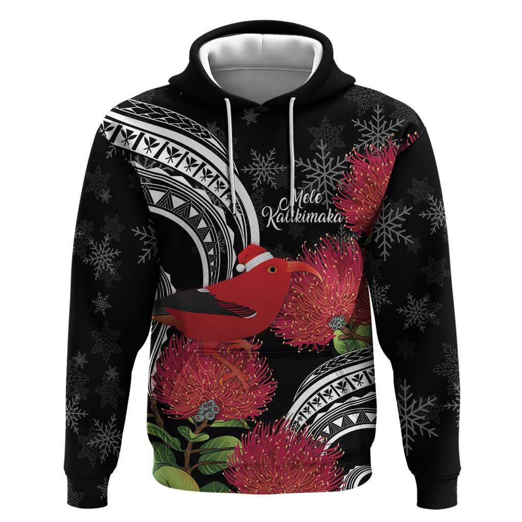 Personalized Mele Kalikimaka Hawaii Hoodie I'iwi Bird With Ohia Lehua - Black Color