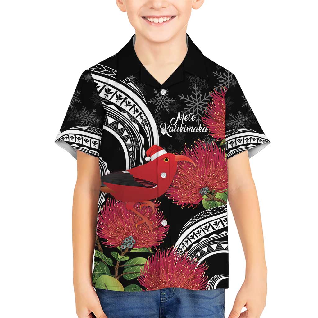 Personalized Mele Kalikimaka Hawaii Kid Hawaiian Shirt I'iwi Bird With Ohia Lehua - Black Color LT14 Kid Black - Polynesian Pride