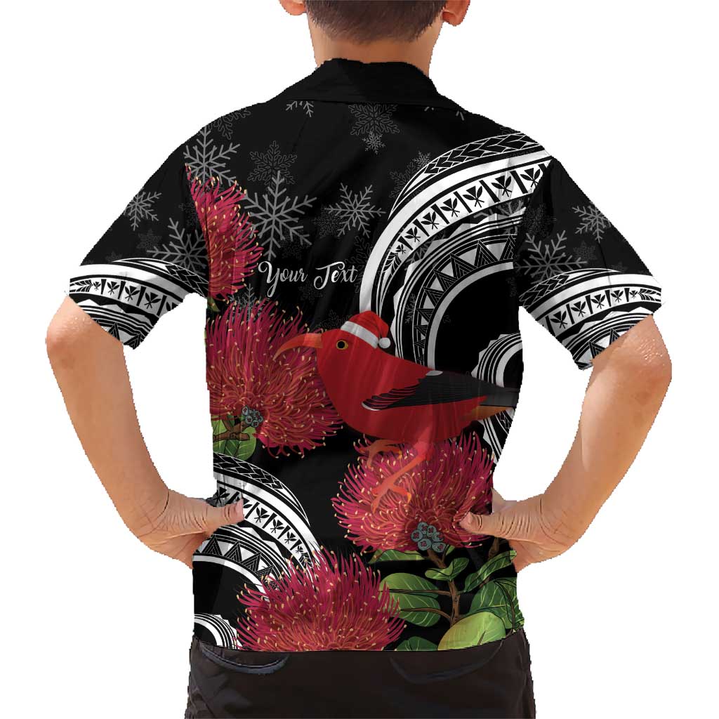 Personalized Mele Kalikimaka Hawaii Kid Hawaiian Shirt I'iwi Bird With Ohia Lehua - Black Color LT14 - Polynesian Pride