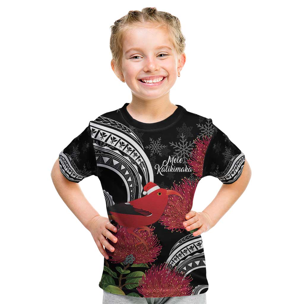 Personalized Mele Kalikimaka Hawaii Kid T Shirt I'iwi Bird With Ohia Lehua - Black Color LT14 Black - Polynesian Pride