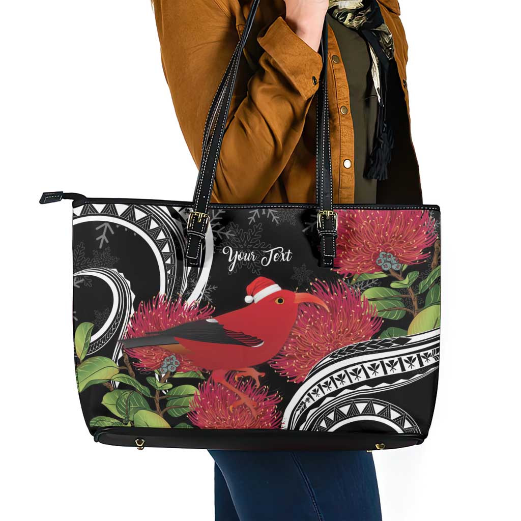 Personalized Mele Kalikimaka Hawaii Leather Tote Bag I'iwi Bird With Ohia Lehua - Black Color