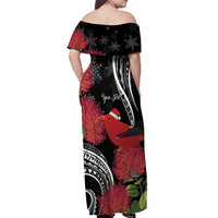 Personalized Mele Kalikimaka Hawaii Off Shoulder Maxi Dress I'iwi Bird With Ohia Lehua - Black Color
