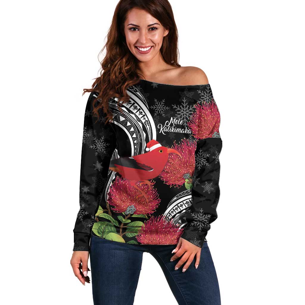 Personalized Mele Kalikimaka Hawaii Off Shoulder Sweater I'iwi Bird With Ohia Lehua - Black Color