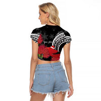 Personalized Mele Kalikimaka Hawaii Raglan Cropped T Shirt I'iwi Bird With Ohia Lehua - Black Color LT14 - Polynesian Pride