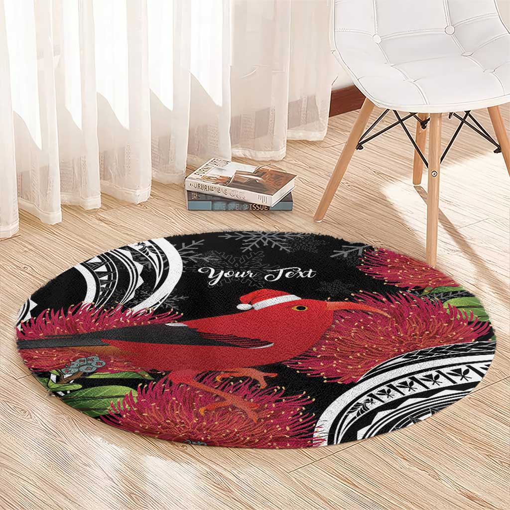 Personalized Mele Kalikimaka Hawaii Round Carpet I'iwi Bird With Ohia Lehua - Black Color
