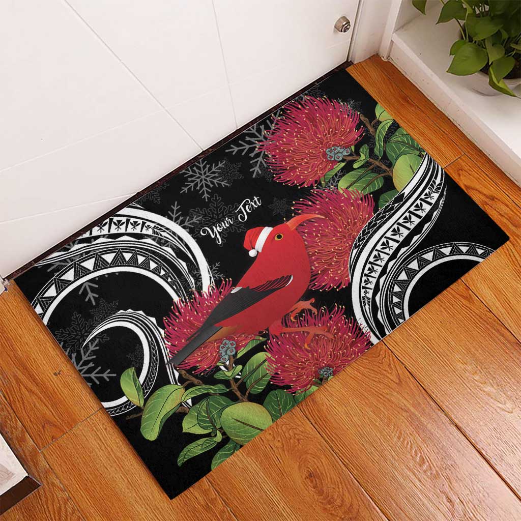 Personalized Mele Kalikimaka Hawaii Rubber Doormat I'iwi Bird With Ohia Lehua - Black Color