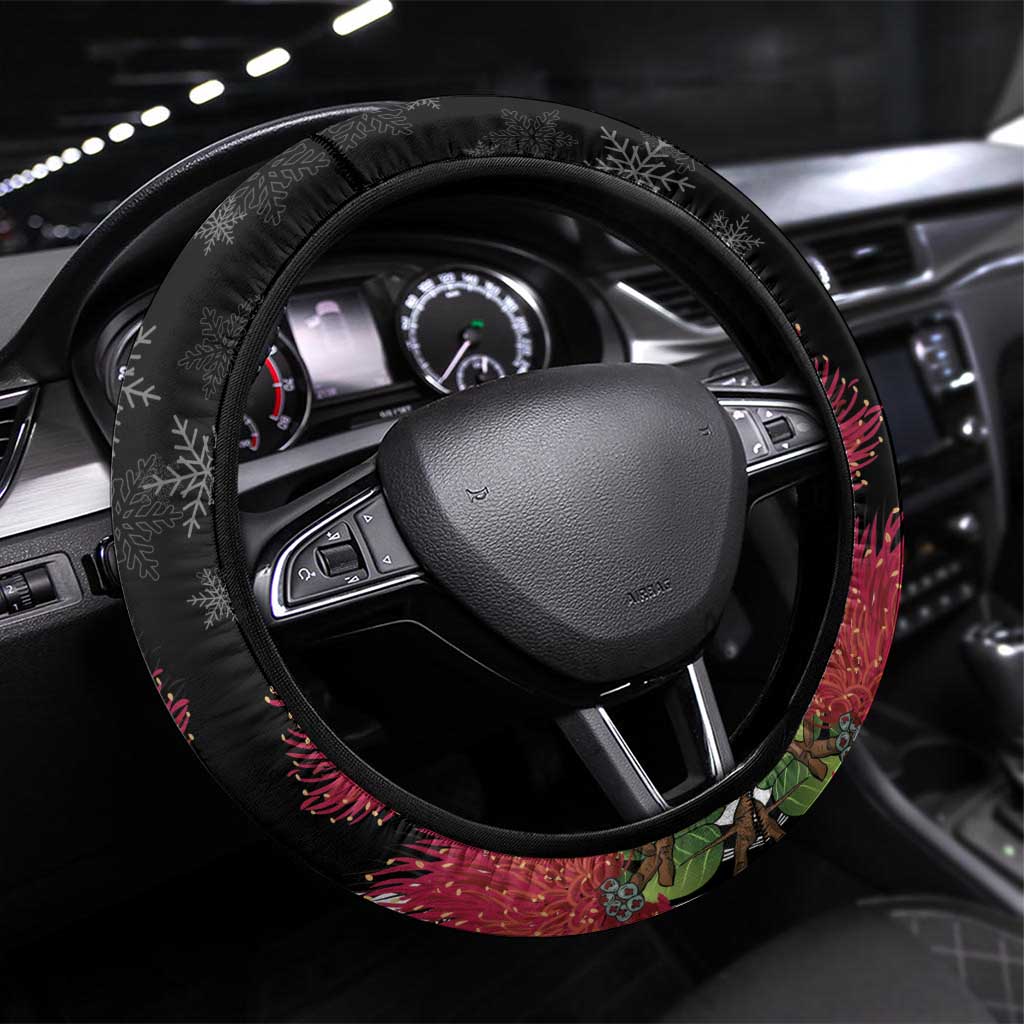 Mele Kalikimaka Hawaii Steering Wheel Cover I'iwi Bird With Ohia Lehua - Black Color