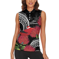 Personalized Mele Kalikimaka Hawaii Women Sleeveless Polo Shirt I'iwi Bird With Ohia Lehua - Black Color