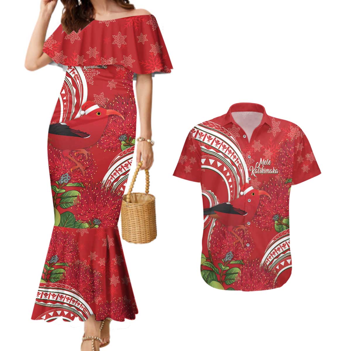 Personalized Mele Kalikimaka Hawaii Couples Matching Mermaid Dress and Hawaiian Shirt I'iwi Bird With Ohia Lehua - Red Color