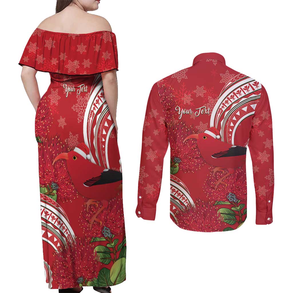 Personalized Mele Kalikimaka Hawaii Couples Matching Off Shoulder Maxi Dress and Long Sleeve Button Shirt I'iwi Bird With Ohia Lehua - Red Color